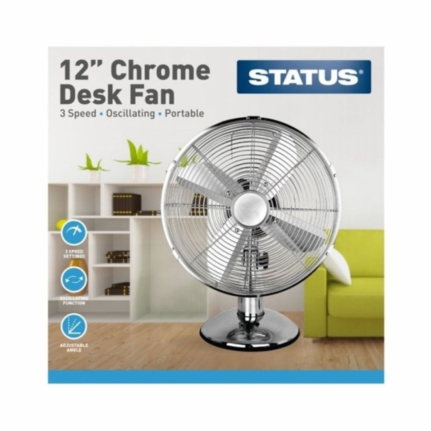 Status 12 inch Chrome Desk Fan with clear blades, Quieter Model