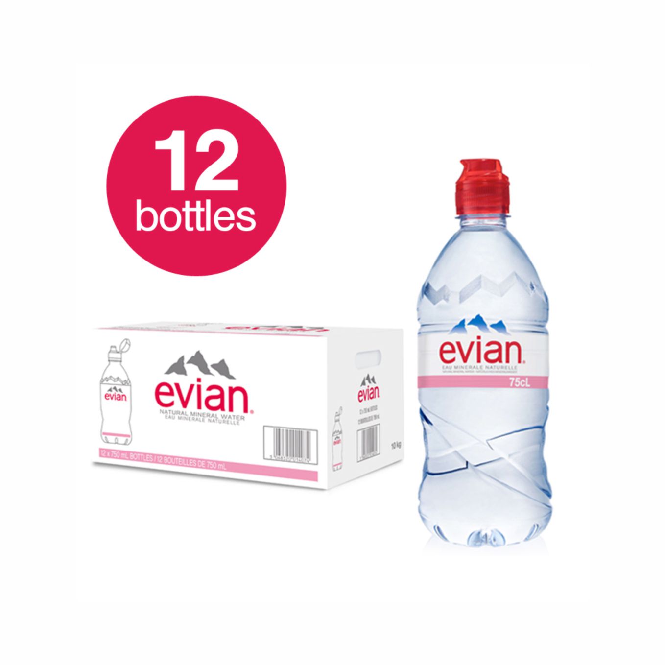 Evian Natural Mineral Water with Sports Box, 750ml (Pack of 12)