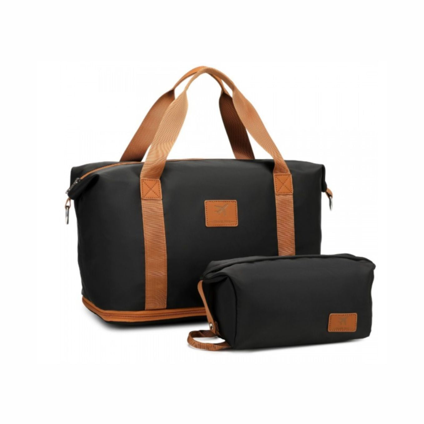 S2366 - 36L Expandable Water-Resistant Travel Tote Set with Cosmetic Pouch Versatile Carry-On Duffel Bag - Black And Brown