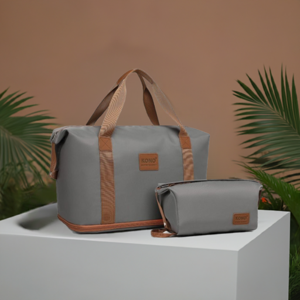 EA2212 - Kono Two Pieces Expandable Durable Waterproof Travel Duffel Bag Set - Grey And Brown