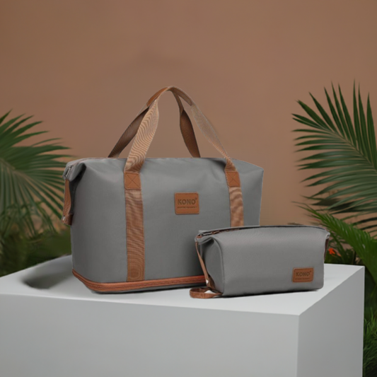 EA2212 - Kono Two Pieces Expandable Durable Waterproof Travel Duffel Bag Set - Grey And Brown