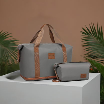 EA2212 - Kono Two Pieces Expandable Durable Waterproof Travel Duffel Bag Set - Grey And Brown