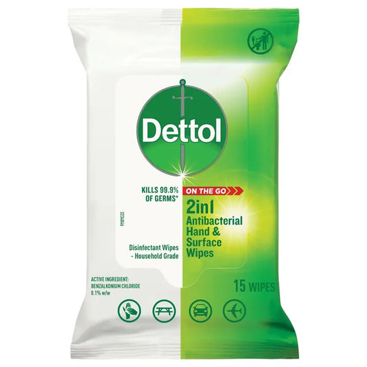 Dettol 2 in 1 Antibacterial Wipe Hand and Surface 15 wipes
